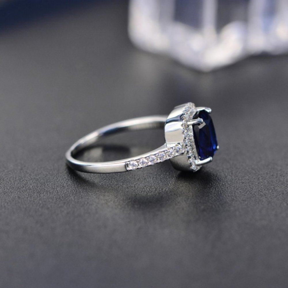 Blue Sapphire Rectangular Diamond Halo Silver Ring - Picture 2 of 2